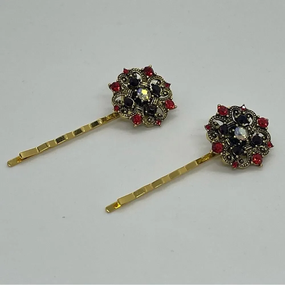 Handmade Red Iridescent Rhinestone Gold Set Hair Clips HoCo Fairy Jewelry NWT